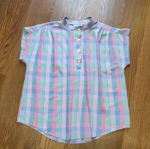 VTG 80's Pastel Plaid Shirt 3/4 button up Blouse Cape Cod Match Mates Sz M